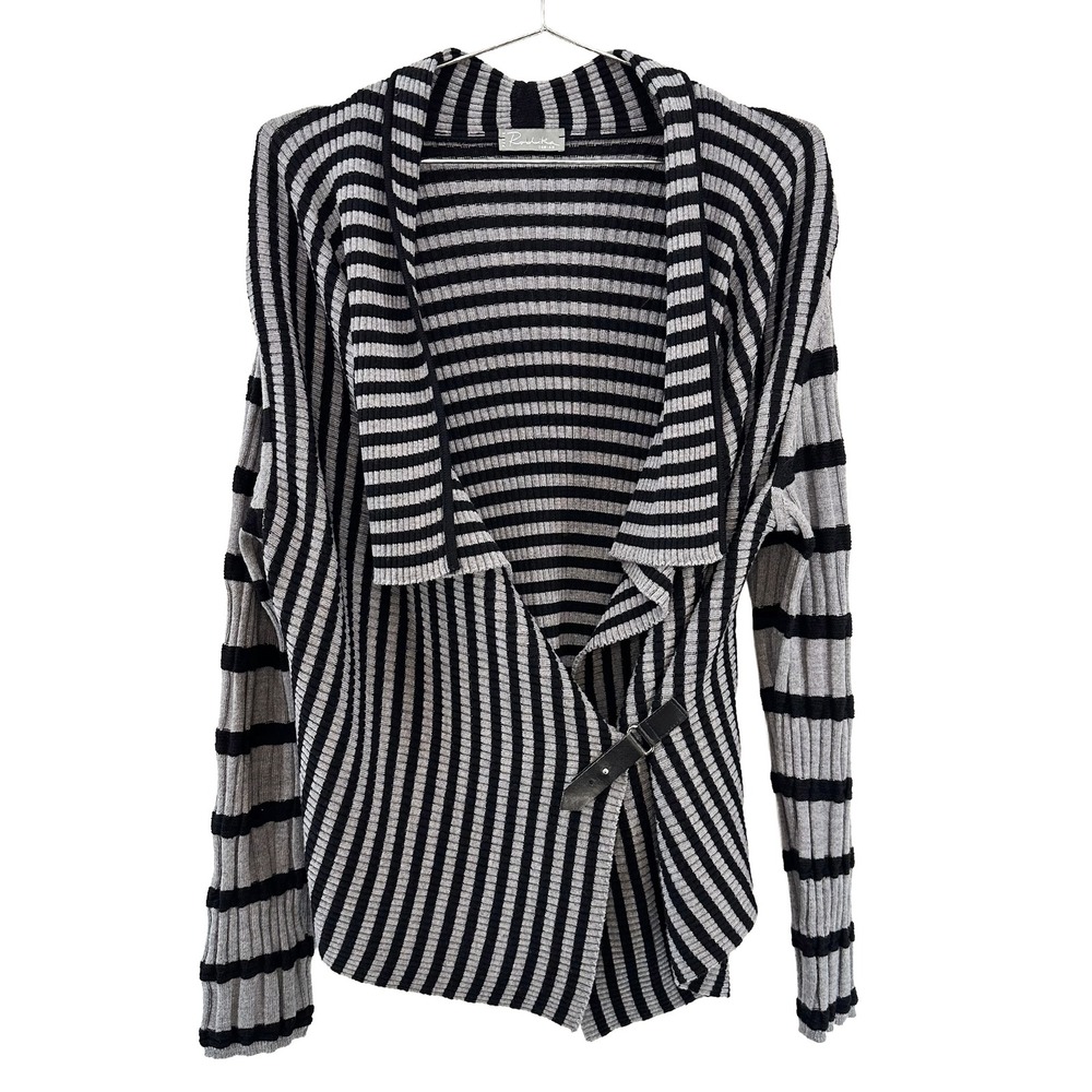 RODIKA ZANIAN 100% Merino Wool Striped Cardigan • Large • black gray • moto chic